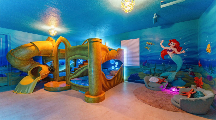 Little Mermaid Themed Combined Bedroom With Custom Murals And Custom Bed With 4 Queen Sized Mattresses