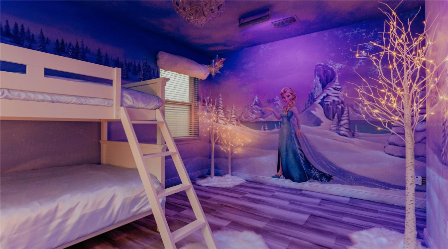 Frozen Themed Elsa Mural With Faux Led Trees And Window Treatment.