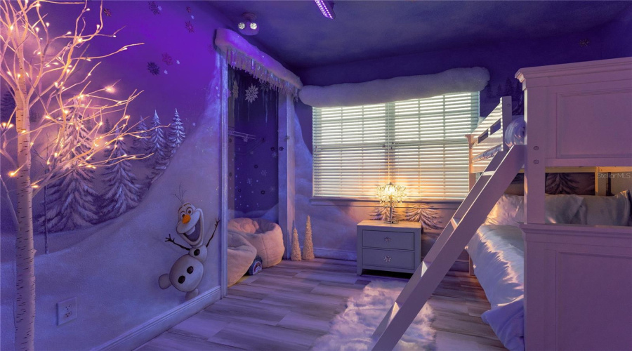 Frozen Themed Olaf Mural With Faux Led Trees, Window Treatment And Snow Cave Closet Hideaway.