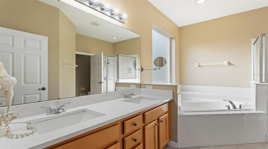 Master Bath With New Quartz Counter Tops