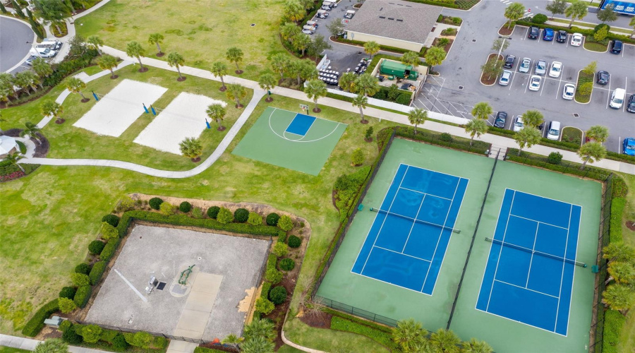 Volleyball, basketball and tennis courts.