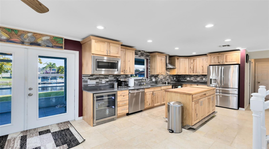 Kitchen and doors to outside and water's view