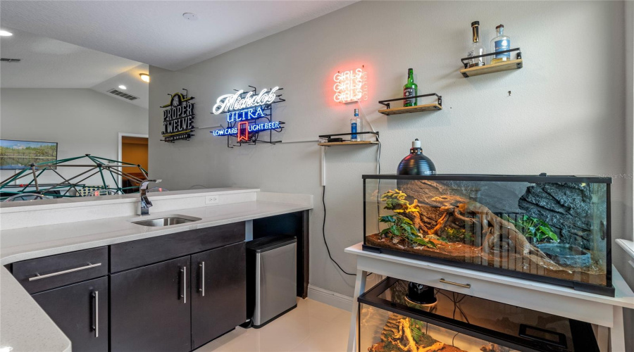 The Home Bar Features Wood Cabinets, Quartz Counters And Space For A Wine Cooler Or Fridge.