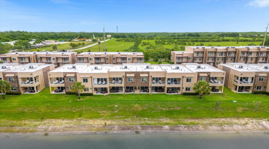 building with pond views