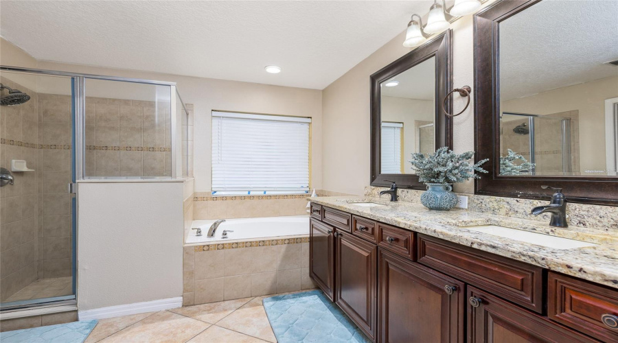 Primary Luxury Bathroom - Shower, Tub, Walk-In Closet, Dual Sinks, & Window For Natural Lightening