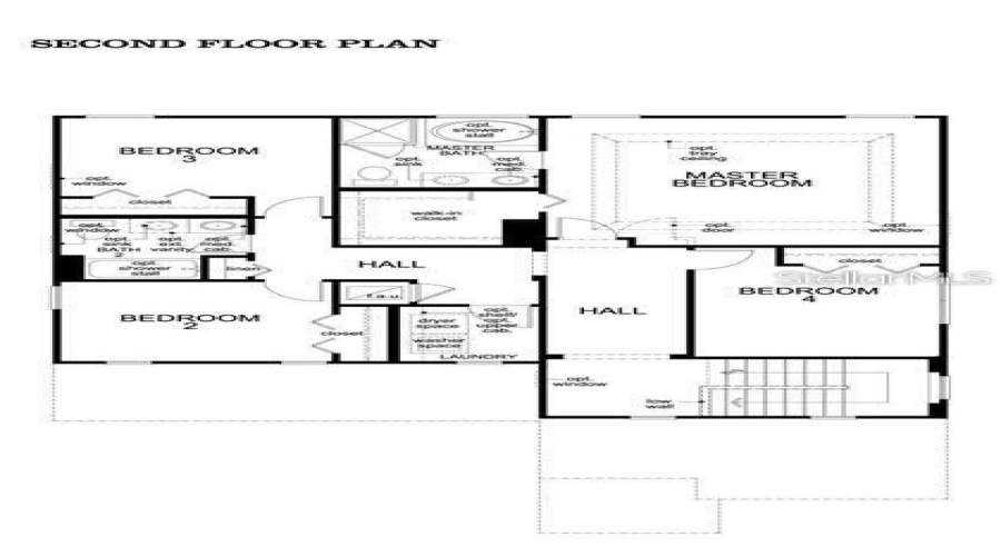 Upstairs floorplan. The home has a family room instead of the 4th bedroom