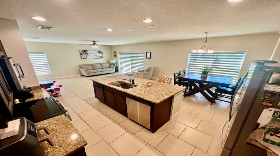 Great room, dinning room and kitchen.