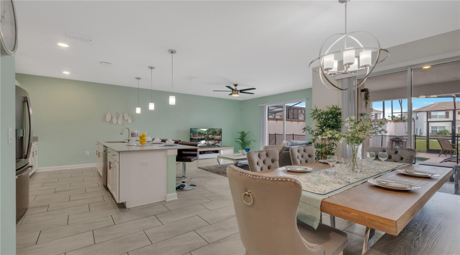 Open view of Dining Room and Kitchen