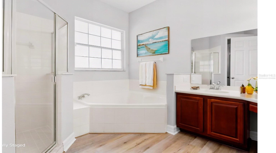 Virtually Staged-Shower And Garden Tub.