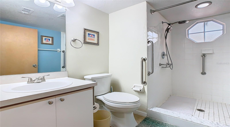 Ensuite bath with shower stall, safety bars and multiple showerheads.
