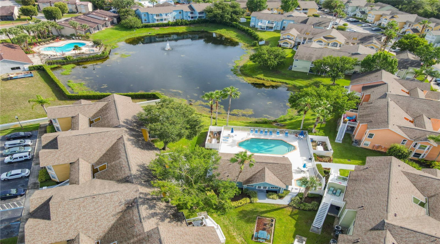 Arial view of clubhouse #1 & pond with water feature.