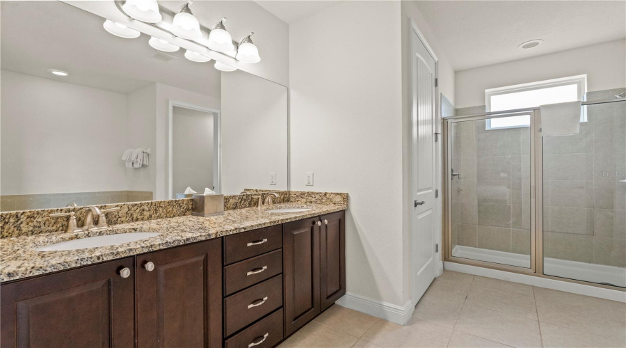 Primary Bathroom Double Vanity, Granite Counter Tops
