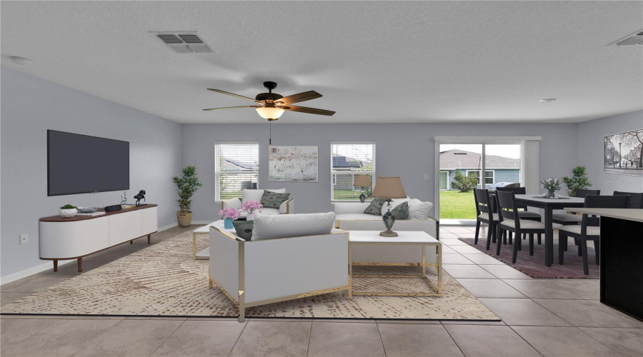 Open-concept living room, virtually staged for style and comfort