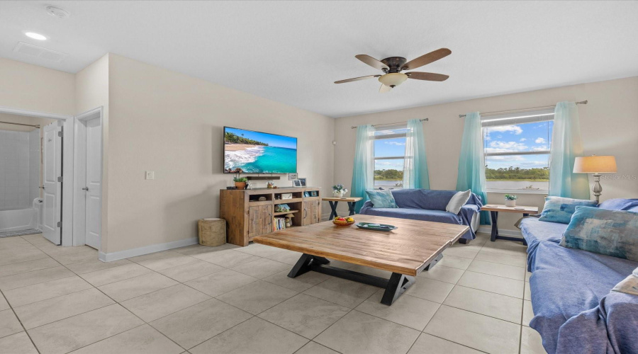 Family room has lake views