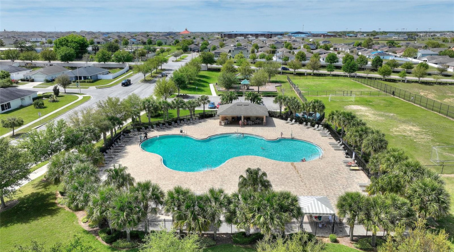 Community pool with cabanas
