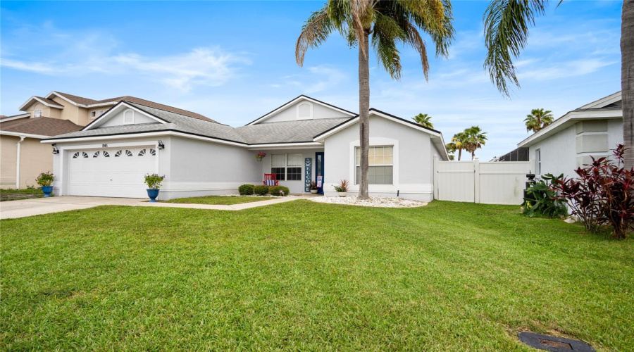 A true Florida home with a palm tree in the front.