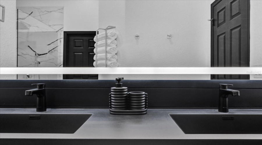 stylish double vanity is master bathroom