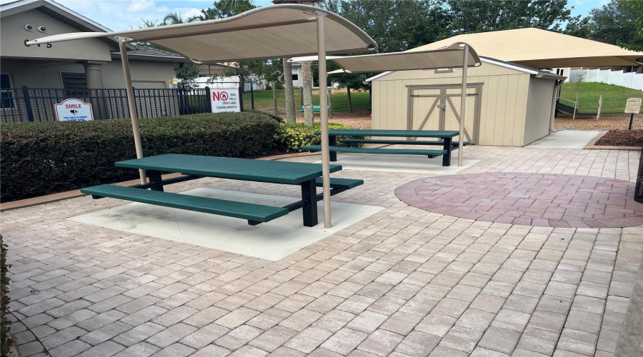 Covered picnic tables by pool