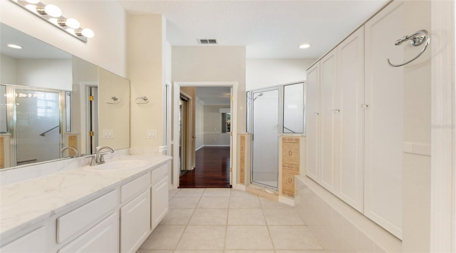 Primary en suite bath - additional closet storage on right