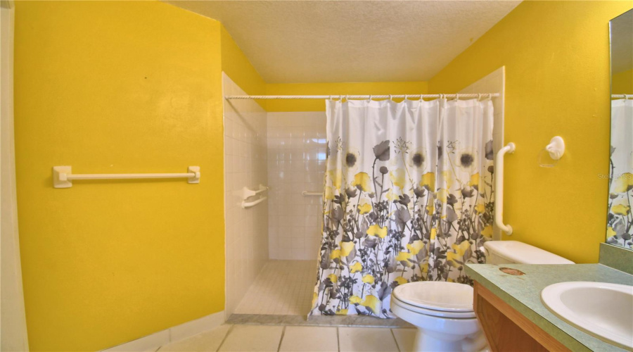 Guest bath has a roll-in shower with drop down seat and grab bars.