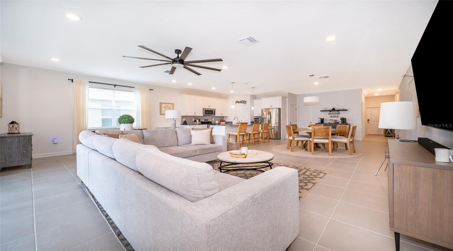 View from the living room towards the dining area and kitchen.