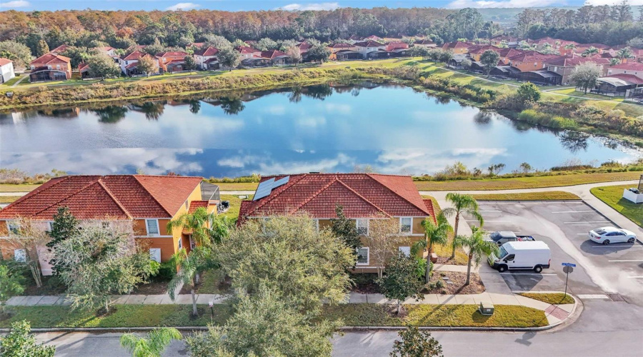 Aerial view of the home and community.