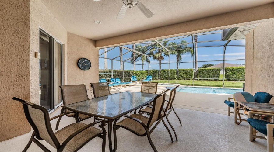 Immediately outside the living room’s sliding glass doors.