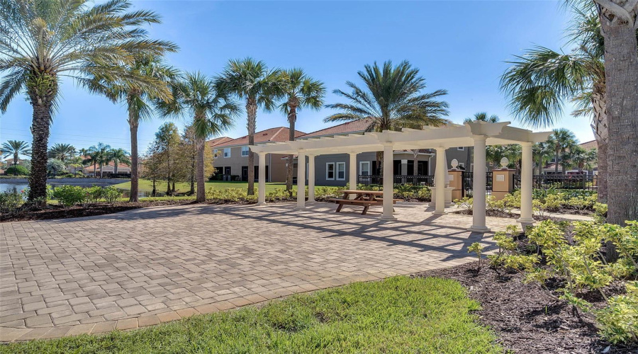 Community pergola with picnic seating, surrounded by lush landscaping, palm trees, and tranquil water views—perfect for relaxing or entertaining.