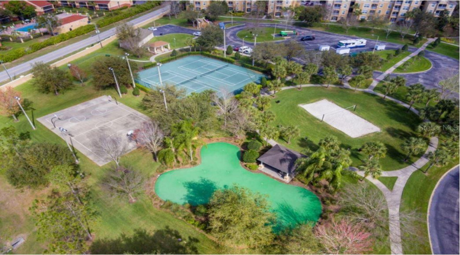 Aerial view of the sports courts.