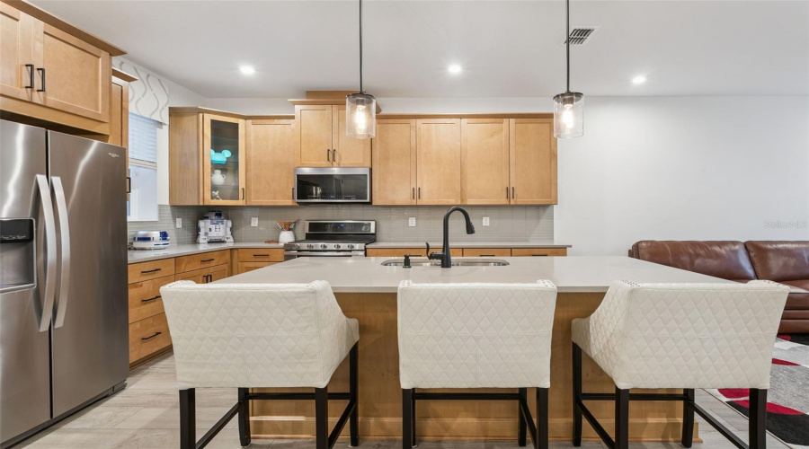 Decorative Pendant lights over the large island