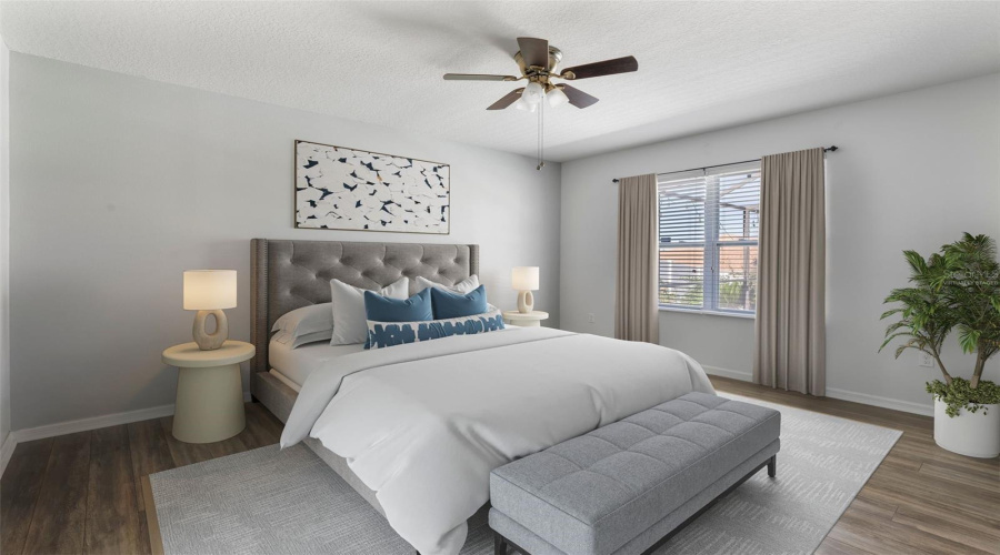 Virtually staged master bedroom.