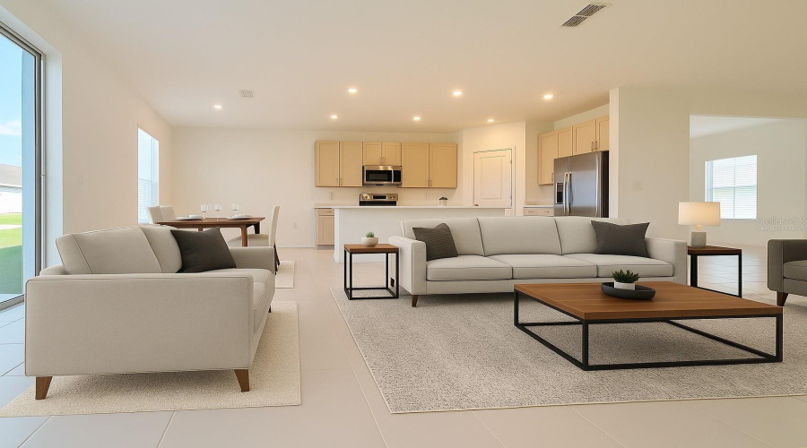 Virtually Staged view from living room to kitchen