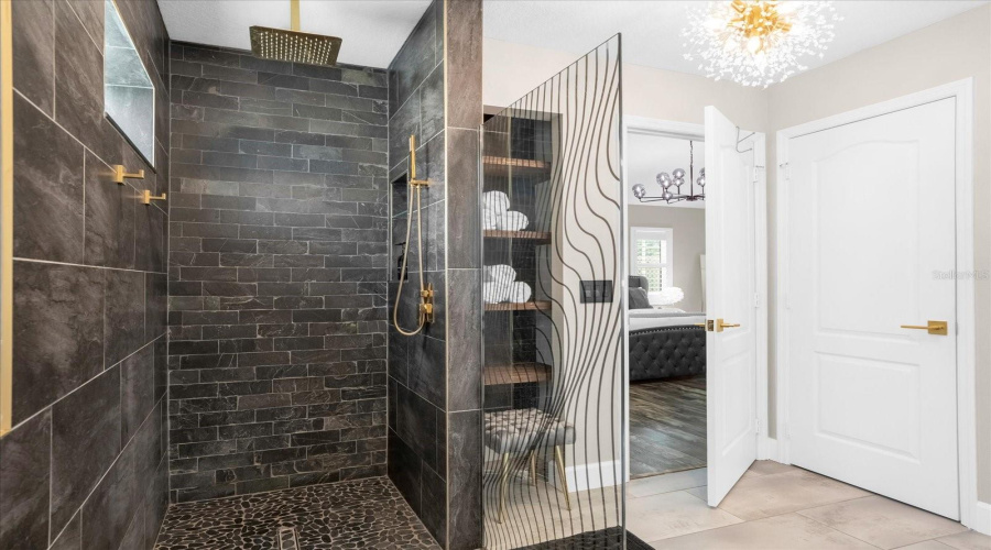 walk in shower with the drain head