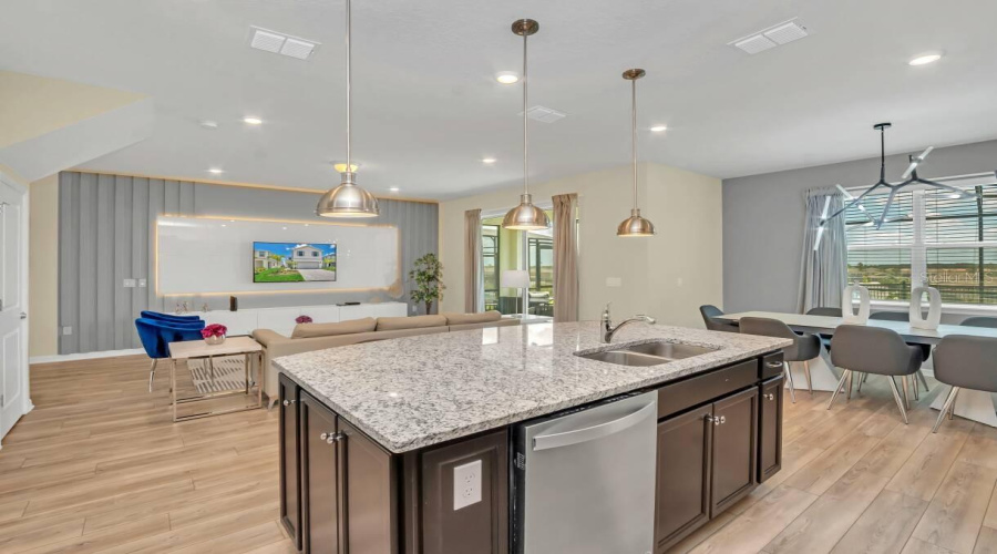 Kitchen Island View to Living Room and Dining Room
