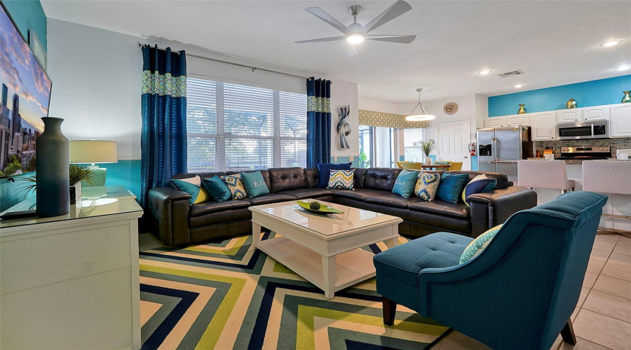 Family room, 1st floor, new  blue leather couch