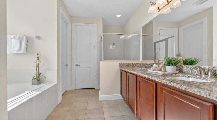 Ensuite Primary Bathroom with Garden Tub, Glass Enclosed Shower, Dual Sinks