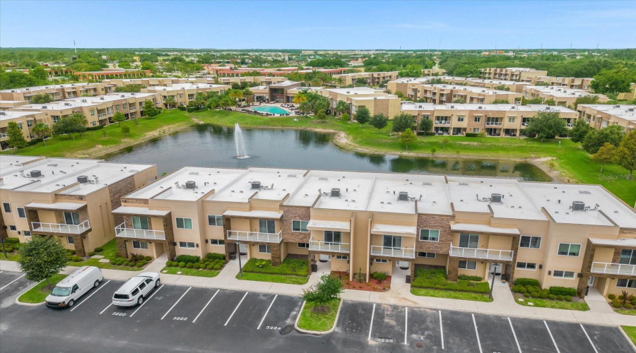 Building with pond view
