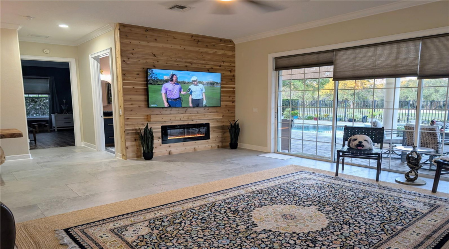 custom fireplace and TV wall doors lead to pool bath and owner suite
