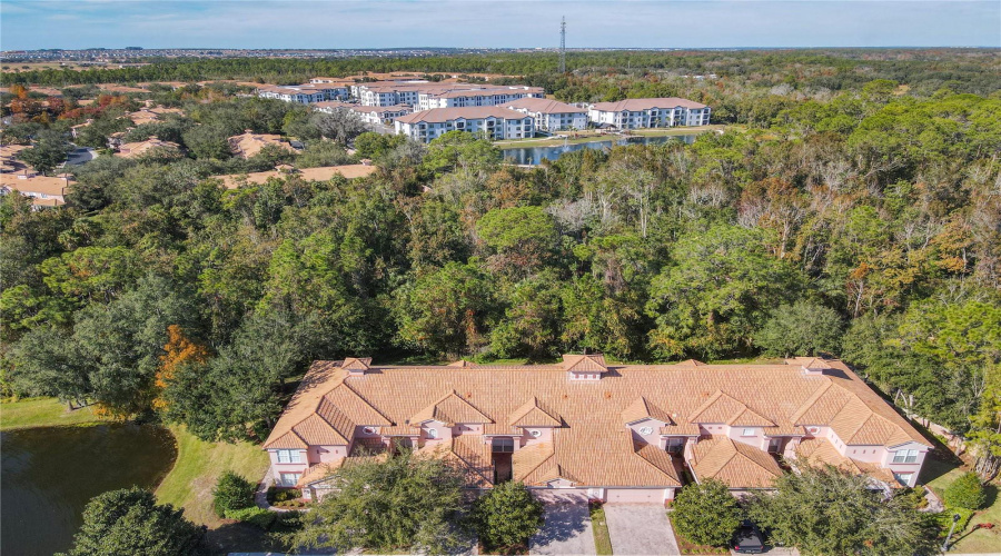 This aerial view shows the conservation area behind the property, which is wonderful for privacy with no rear neighbors.