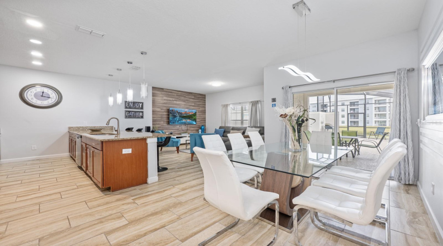 The open floorplan of the Kitchen, Dining area and Living Room.
