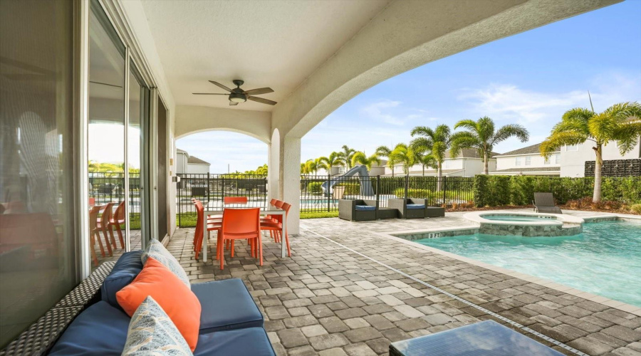 Outdoor space overlooking the private pool and spa.
