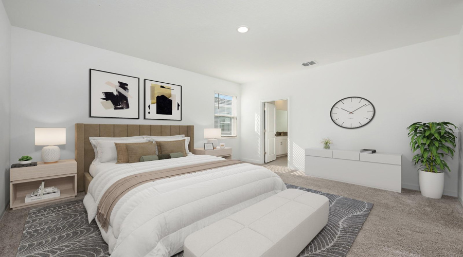 The Primary Suite is a true sanctuary, featuring TWO WALK-IN CLOSETS and a beautifully appointed en suite bath with a dual-sink quartz vanity, SOAKING GARDEN TUB, step-in shower, and private water closet—a spa-like escape at the end of the day. Virtually Staged.