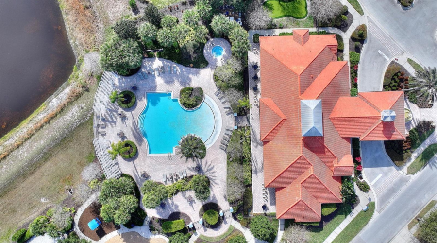aerial view of clubhouse and pool