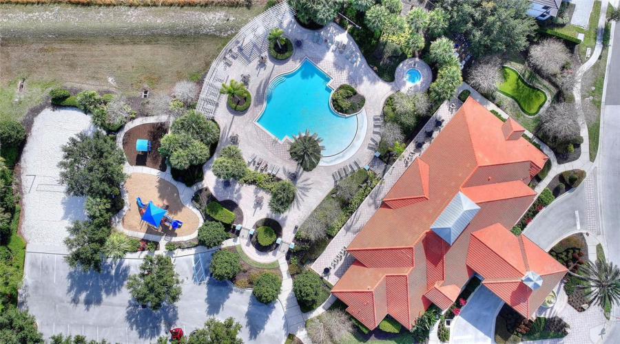 aerial view of clubhouse and pool