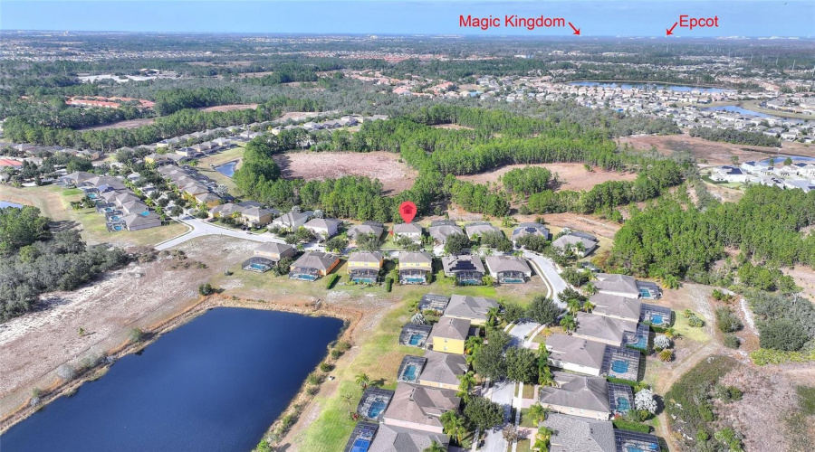 Aerial view of home and location to Disney and Epcot