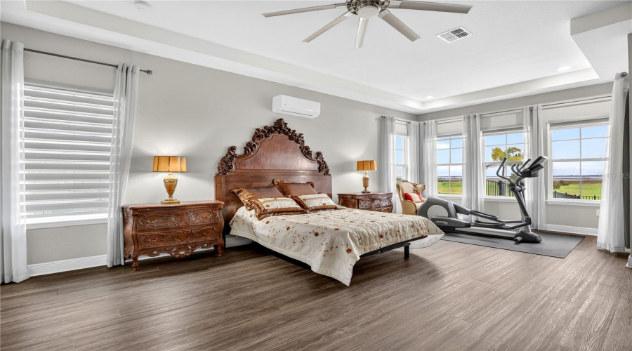 Spacious primary bedroom with tray ceiling, ceiling fan, and lake views.