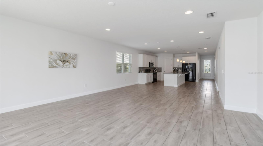 Living/dining space with tile floors
