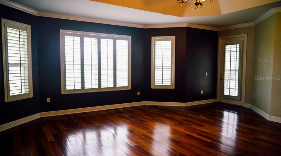 Primary bedroom with lots of natural light facing the pond in the rear of the home. Note the door accessing the back screened patio.