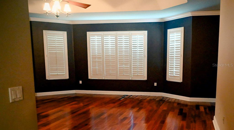Plantation shutters, crown molding and a tray ceiling accent the master bedroom.