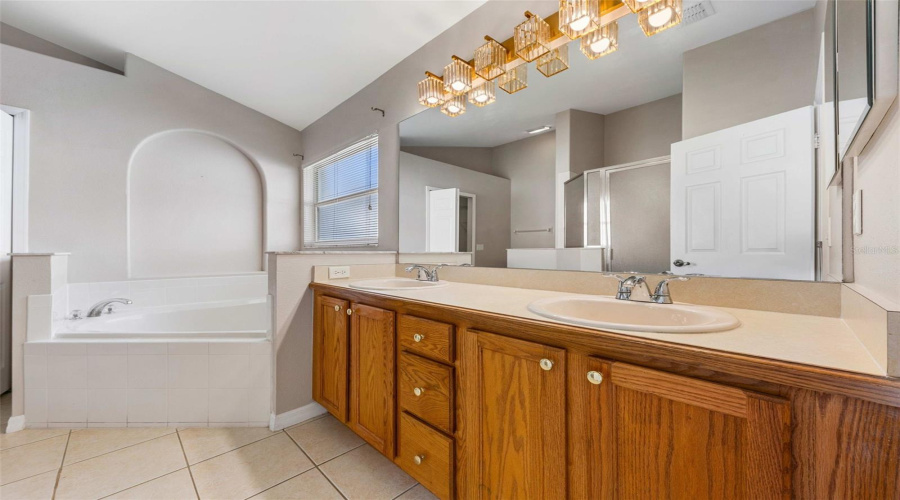 Primary bath with dual vanity sinks